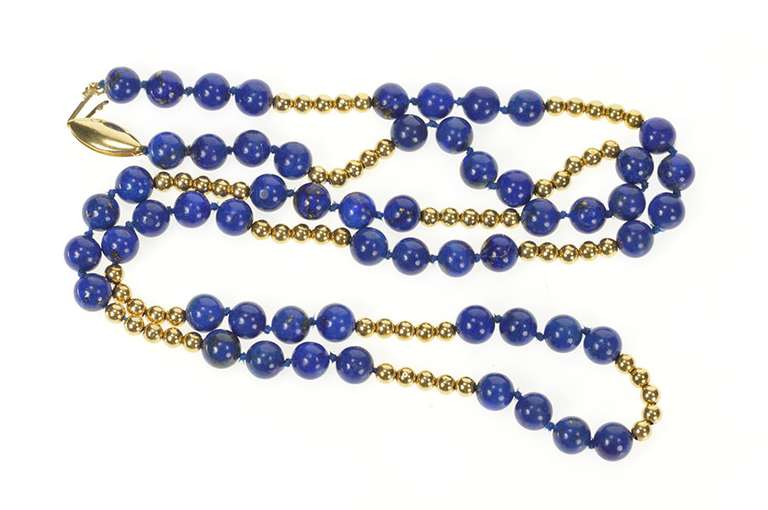 14K Yellow Gold Retro Lapis Lazuli Round Beaded Statement Necklace