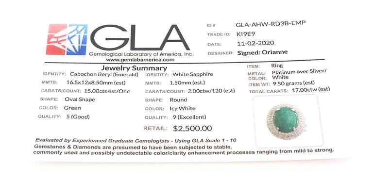 Awesome Massive 15.00CTS Cabochon Cut Natural Emerald & White Sapphire Ring in Platinum-Plated Silver