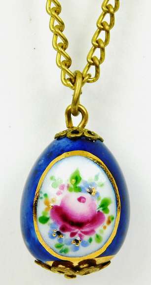 Enameled Porcelain Egg Necklace - Rose & Cross