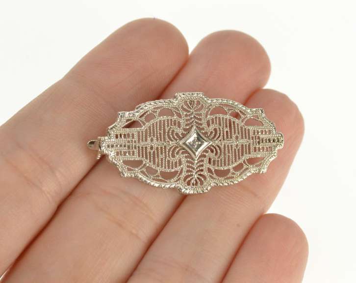 10K White Gold Diamond Inset Ornate Art Deco Filigree Pin/Brooch