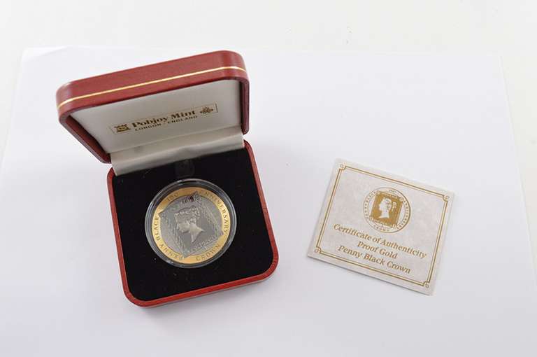 1990 Isle Of Man 1 Crown Penny Black Gold Proof 1 T Oz AGW - Box & COA