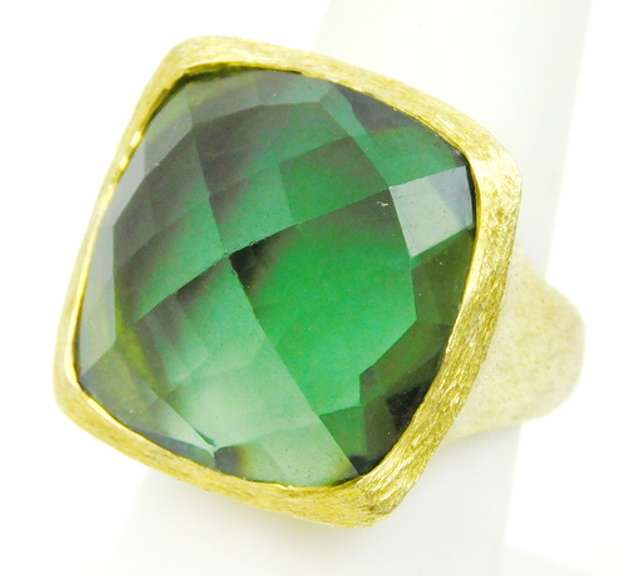 Designer Huge Green Amethyst Quartz Brass Ring, 7