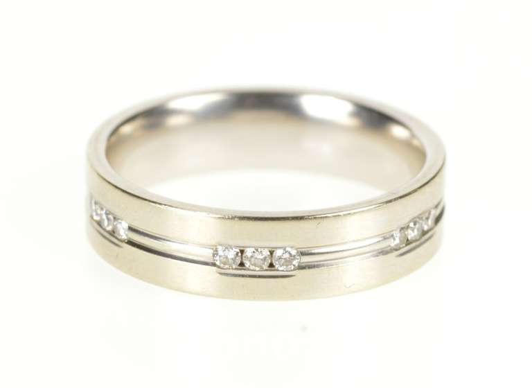 14K White Gold 5.9mm Grooved Diamond Men's Wedding Band Ring