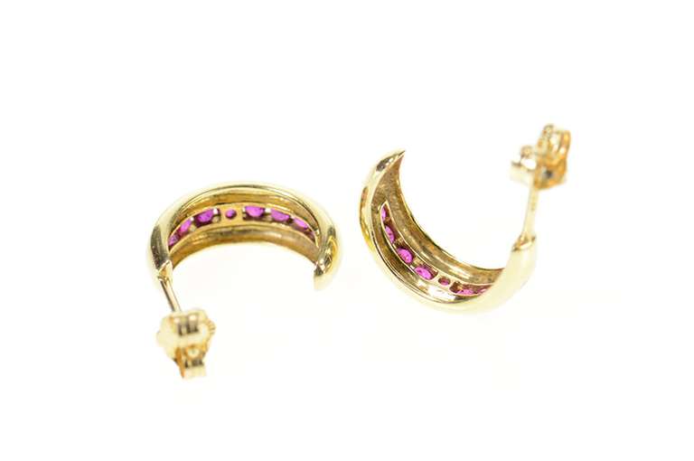 14K Yellow Gold Ruby Channel Inset Statement Semi Hoop Earrings