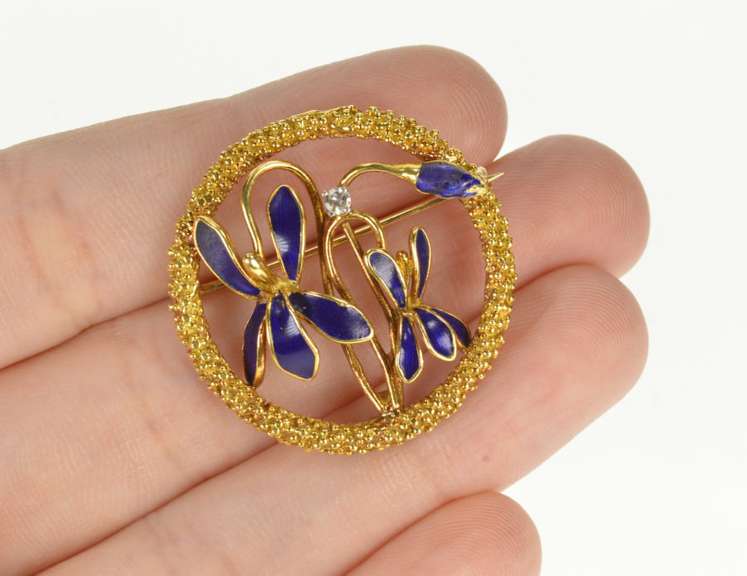 18K Yellow Gold Art Nouveau Blue Enamel Flower Diamond Pin/Brooch
