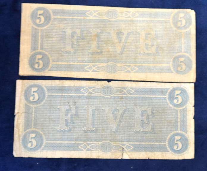 Lot of 2 Confederate 5 Dollar Notes Circulated