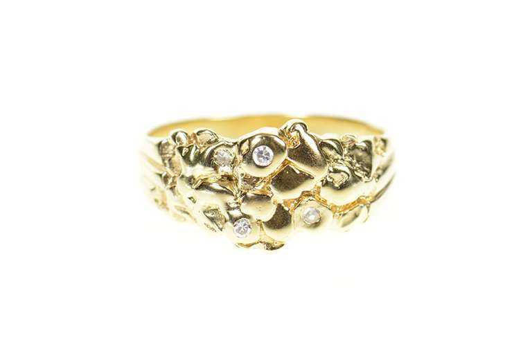 14K Yellow Gold Men's Textured Raw Nugget Diamond Wedding Ring