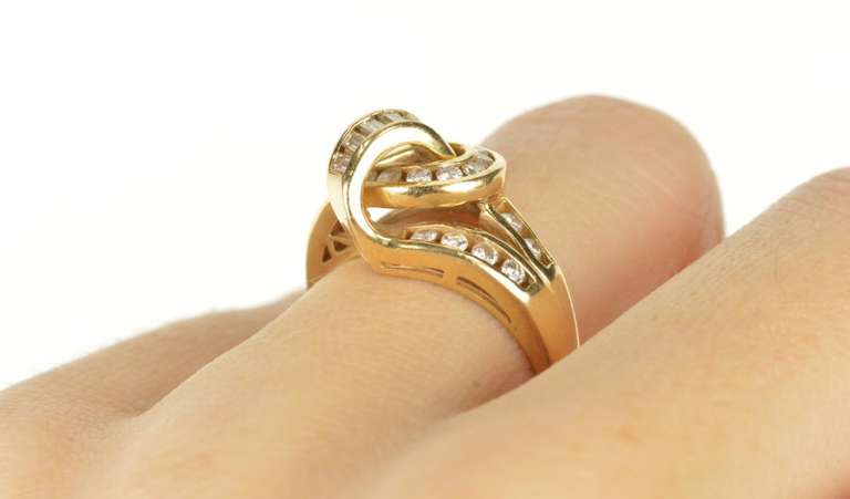 14K Yellow Gold Diamond Channel Knot Loop Statement Ring