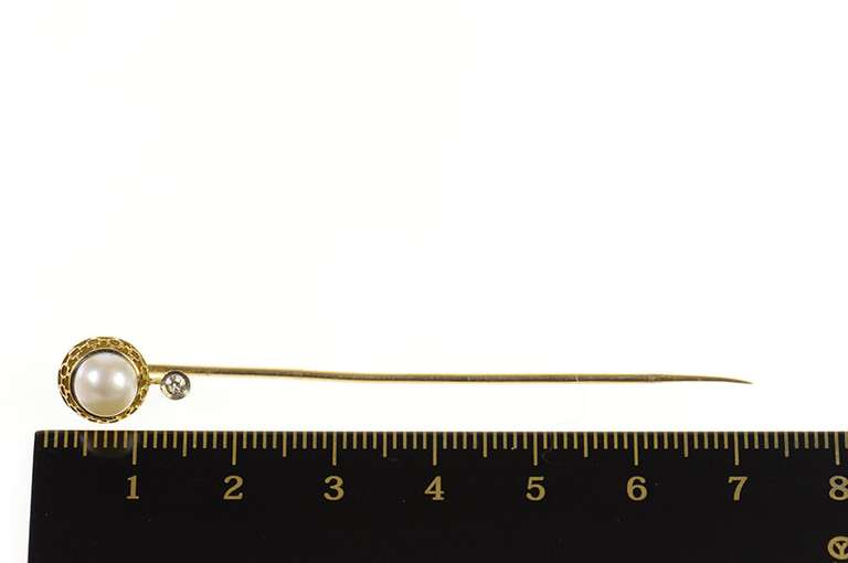 10K Yellow Gold Victorian Pearl Diamond Accent Filigree Stick Pin