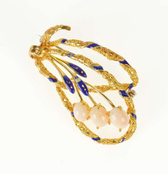 18K Yellow Gold Pink Coral Blue Enamel Ornate Floral Loop Pin/Brooch