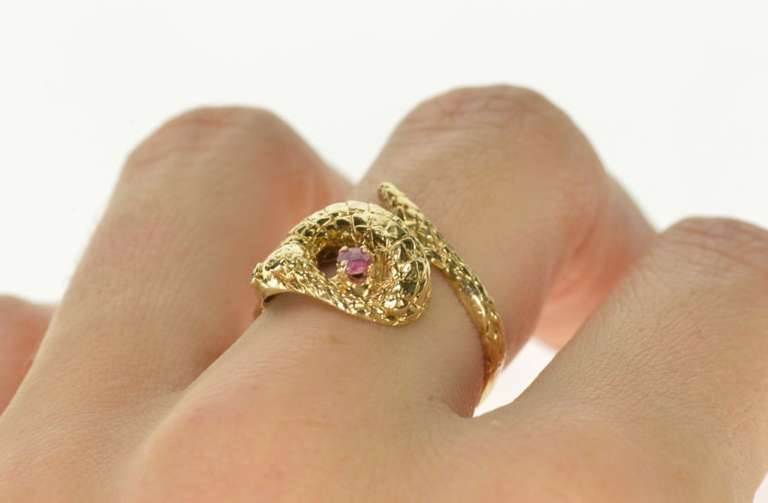 14K Yellow Gold Ruby Ornate Snake Serpent Wrap Statement Ring