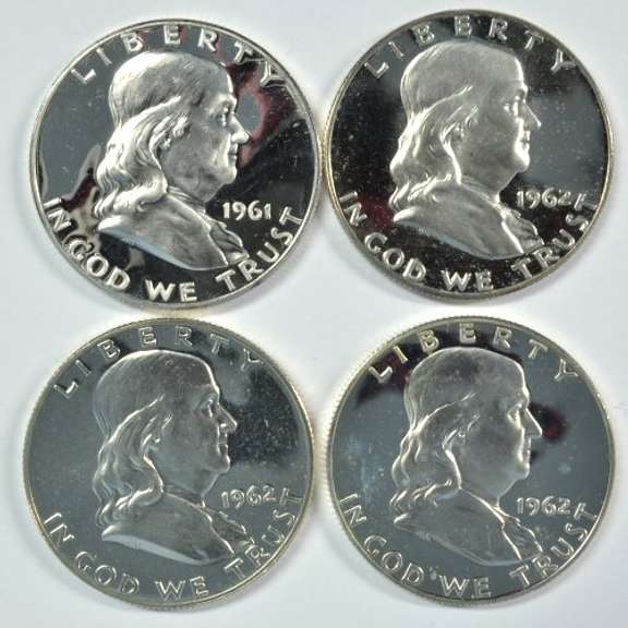 4 Cameo Gem Proof Franklin Half Dollars: 1961 & 3 1962