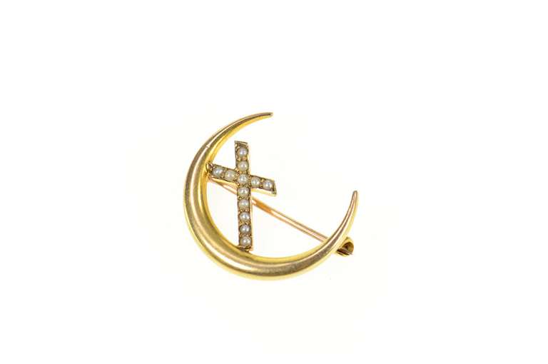 10K Yellow Gold Seed Pearl Cross Crescent Moon Victorian Pin/Brooch
