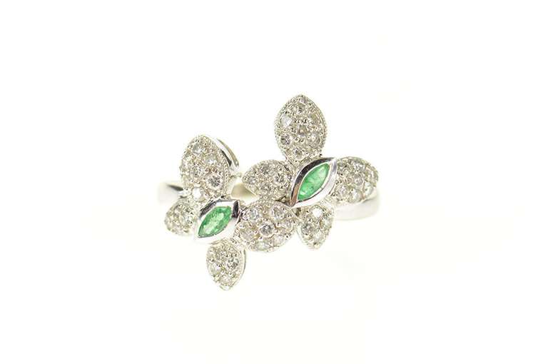 14K White Gold 0.73 Ctw Emerald Pave Diamond Butterfly Ring