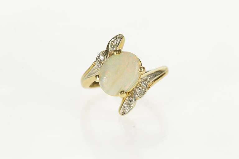 14K Yellow Gold Oval Natural Opal Diamond Petal Accent Bypass Ring