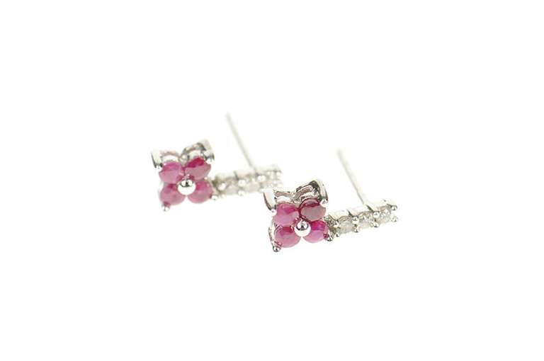 10K White Gold Ruby Flower Cluster Drop Diamond Earrings