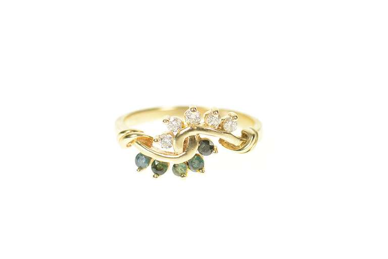 14K Yellow Gold Emerald Diamond Swirl Bypass Statement Ring