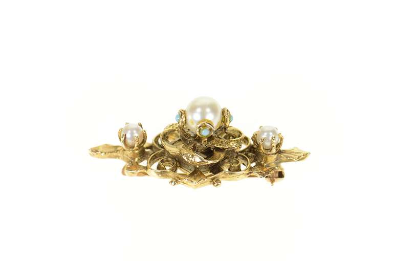 14K Yellow Gold Victorian Pearl Turquoise Ornate Scroll Pin/Brooch