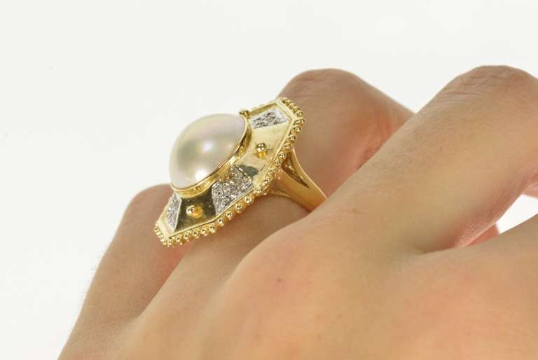 14K Yellow Gold Pearl Geometric Diamond Squared Cocktail Ring