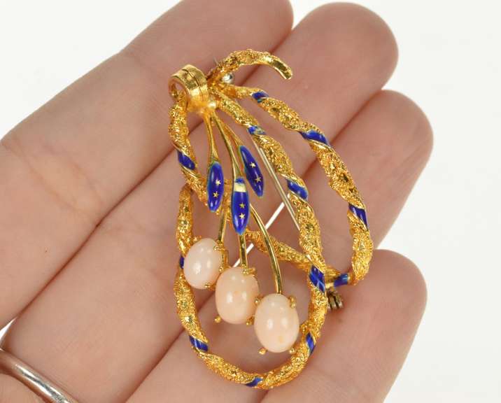18K Yellow Gold Pink Coral Blue Enamel Ornate Floral Loop Pin/Brooch