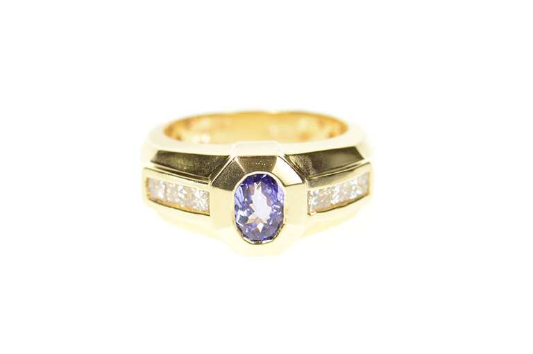 14K Yellow Gold 1.10 Ctw Tanzanite Princess Diamond Statement Ring