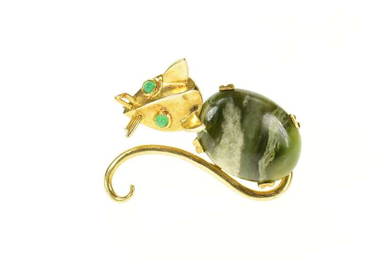 14K Yellow Gold Retro Jasper Emerald Stylized Cat Kitten Pin/Brooch