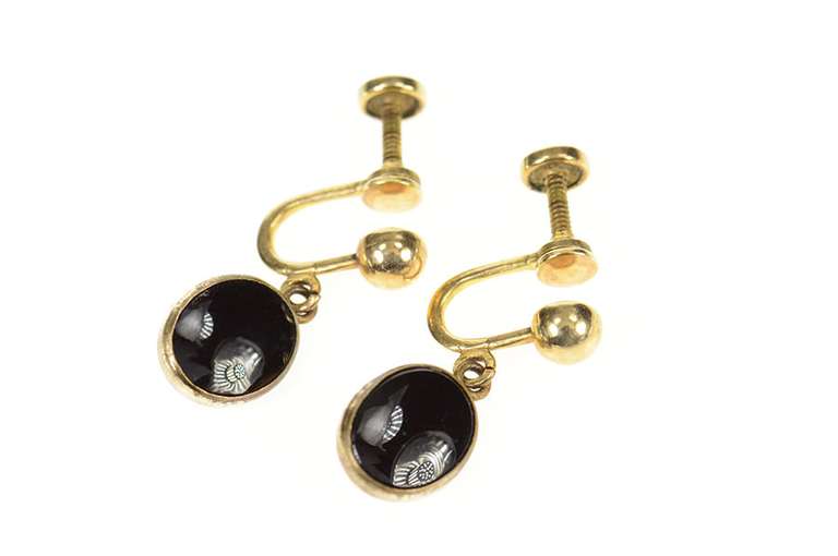 Gold Filled Retro Oval Black Onyx Dangle Screw Back Earrings