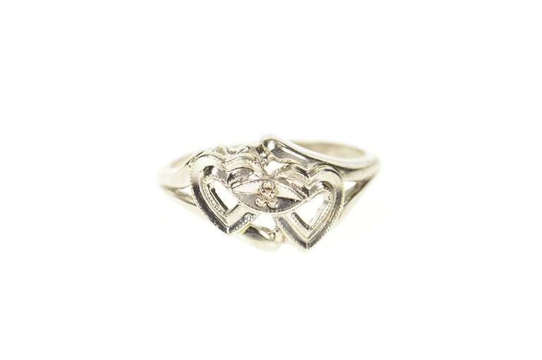 10K White Gold Retro Diamond Inset Interlocking Heart Ring