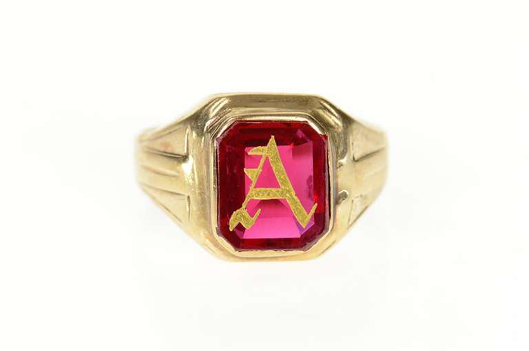 10K Yellow Gold A Etched Engraved Monogram Initial Syn. Ruby Ring