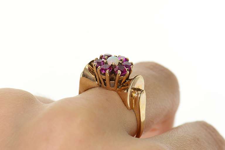 10K Yellow Gold 1960's Opal Syn. Ruby Halo Bow Statement Ring