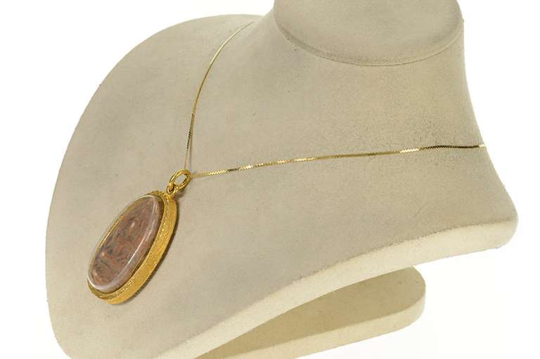 14K Yellow Gold Ornate Ancient Carved Stone Buddha Etched Pendant