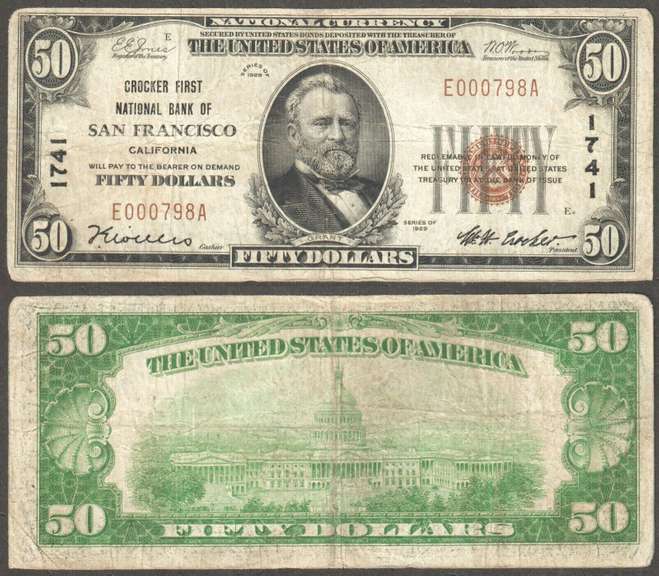 $50 1929-I CROCKER FIRST NATIONAL BANK OF SAN FRANCISCO, CA CH-1741 VF