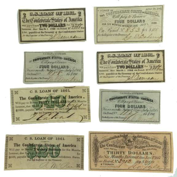 9  Signed and Numbered Confederate War Bond Coupons Civil War Civil
