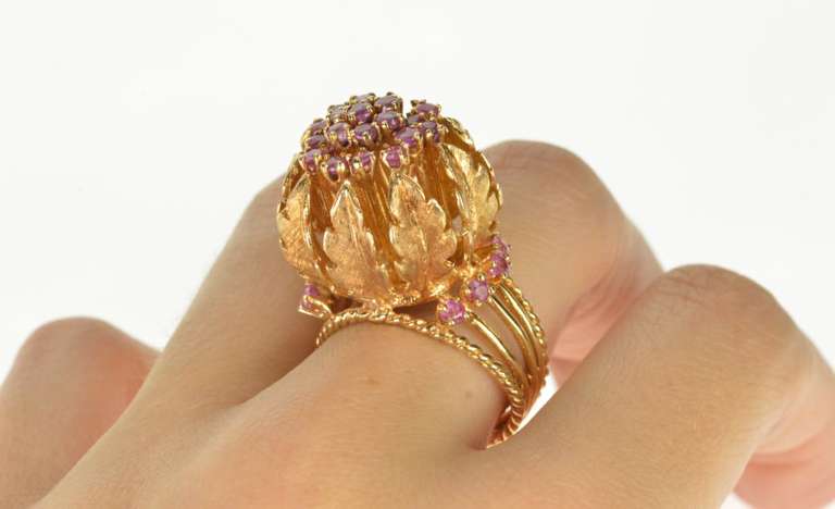 14K Yellow Gold Ruby Encrusted Ornate Leaf Cocktail Huge Ring