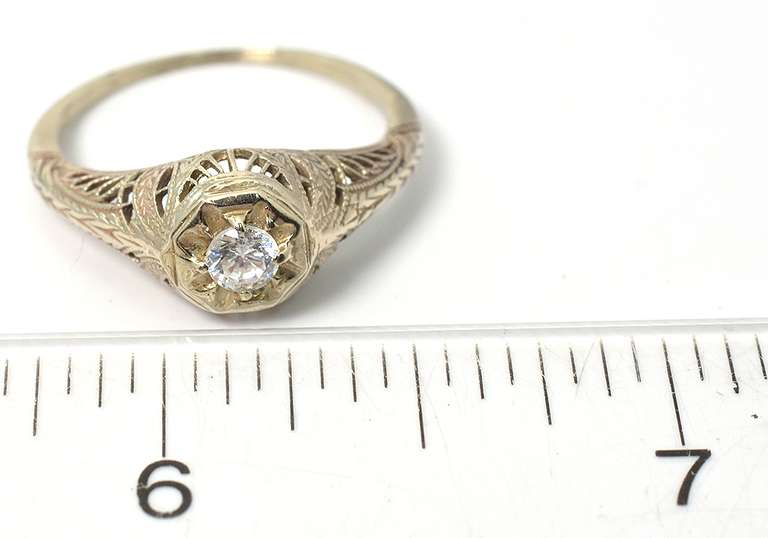 Vintage 14KT White Gold Filigree Ring with Crystal
