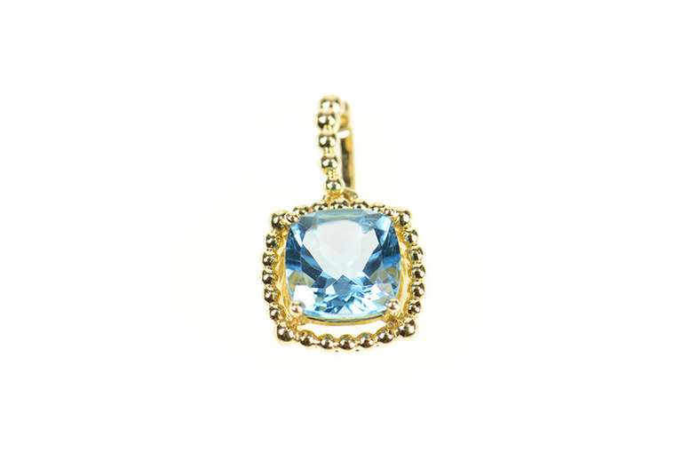 10K Yellow Gold Cushion Faceted Blue Topaz Dot Trim Pendant