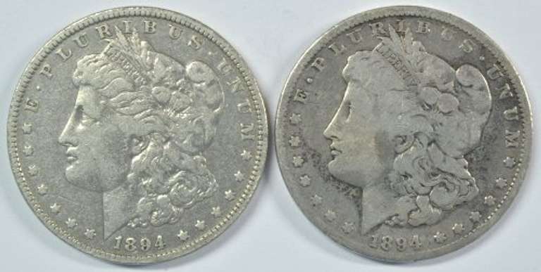 2 Scarce 1894-O Morgan Silver Dollars. Key date