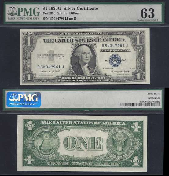 $1 1935-G Silver Certificate Fr.1616 PMG Choice Uncirculated 63