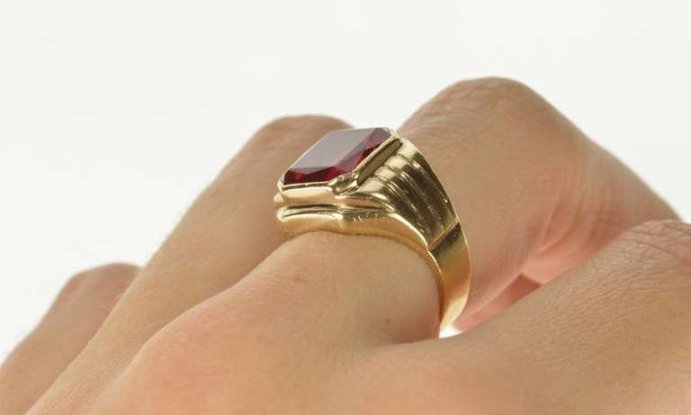10K Yellow Gold Emerald Cut Syn. Ruby Inset Grooved Ring