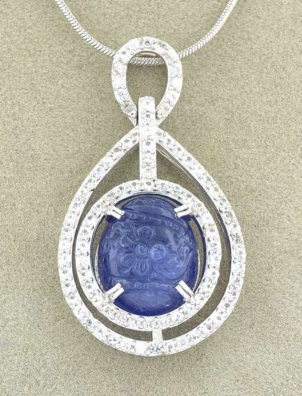 Gorgeous Massive 11.40CTS Carved Tanzanite & Sapphire Necklace in Sterling Silver