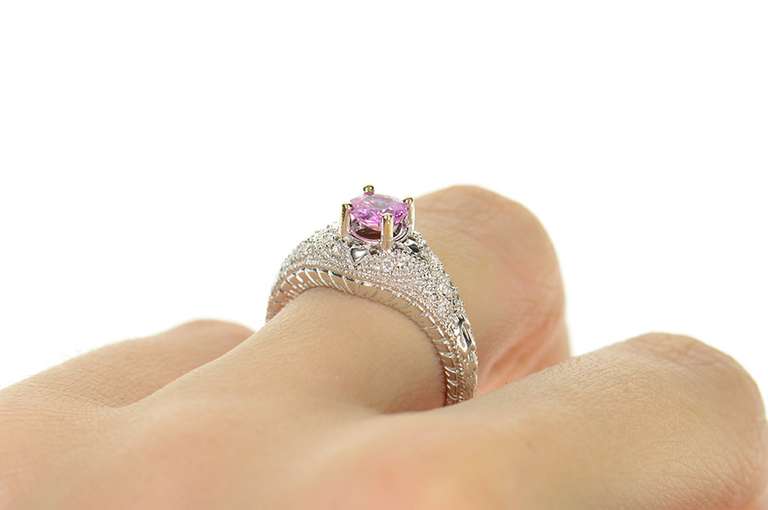 18K White Gold 1.74 Ctw Pink Sapphire Diamond Ornate Etched Ring