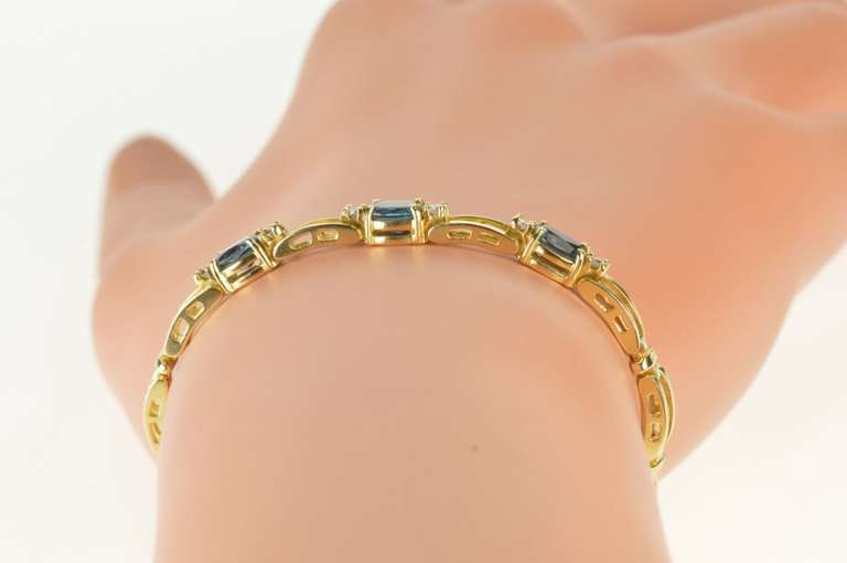 14K Yellow Gold Blue Topaz Diamond Accent Bar Link Tennis Bracelet