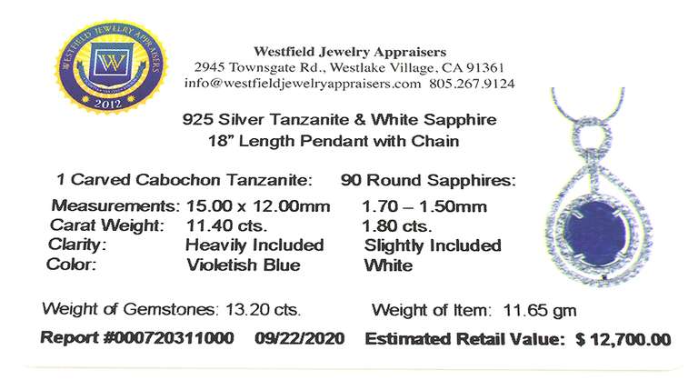 Gorgeous Massive 11.40CTS Carved Tanzanite & Sapphire Necklace in Sterling Silver