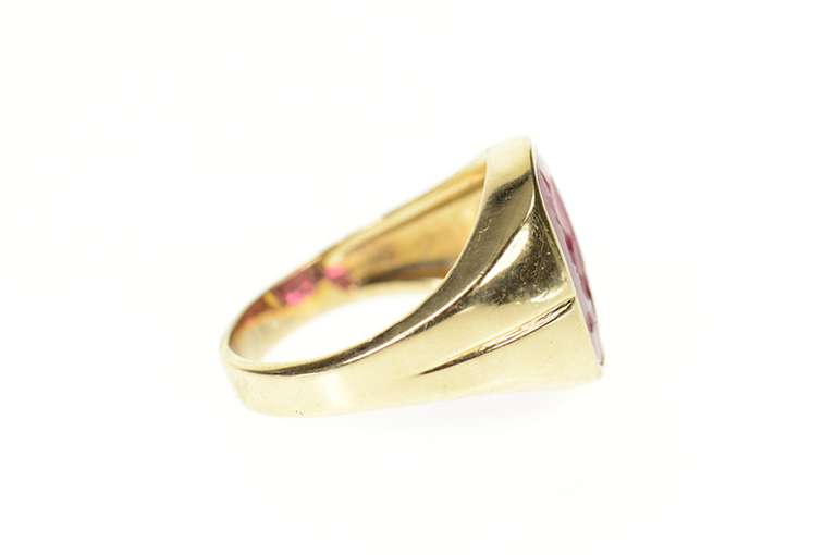 10K Yellow Gold Syn. Ruby Intaglio Men's Retro Statement Ring