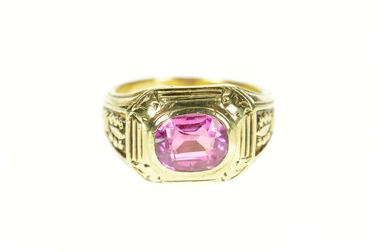 14K Yellow Gold 1930's Syn. Pink Sapphire Ornate Men's Ring
