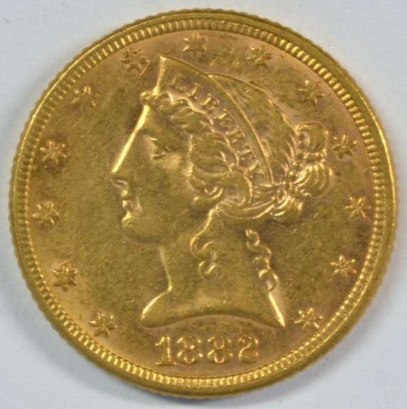 Semi-Prooflike BU 1882 US $5 Liberty Gold Piece. Flashy