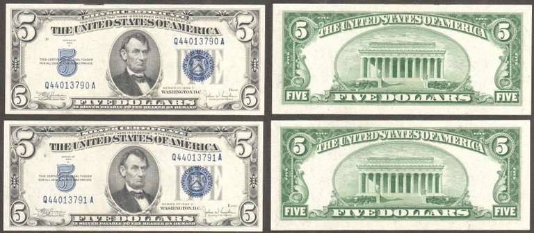 $5 1934-C Silver Certificate Fr.1653 Consecutive Pair Gem Uncirculated