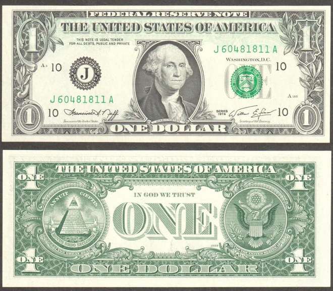 $1 1974 FRN PARTIAL OFFSET BACK ON FRONT CHOICE UNCIRCULATED