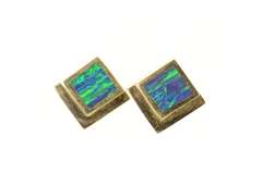 14K Yellow Gold Squared Retro Black Opal Inlay Stud Earrings
