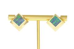 14K Yellow Gold Squared Retro Black Opal Inlay Stud Earrings